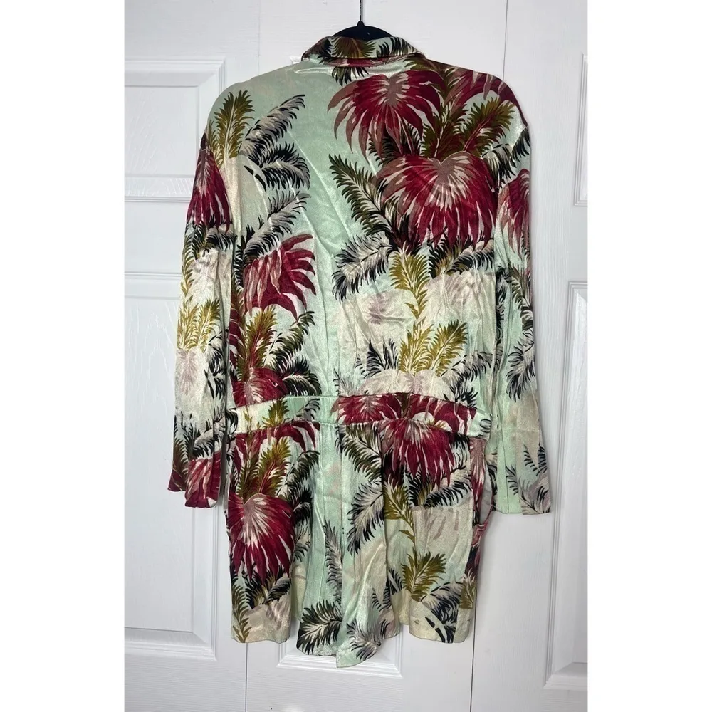 Topshop Tropical Floral Satin V-Neck Long Sleeve Romper Green Pink Size 10 Large - Image 6