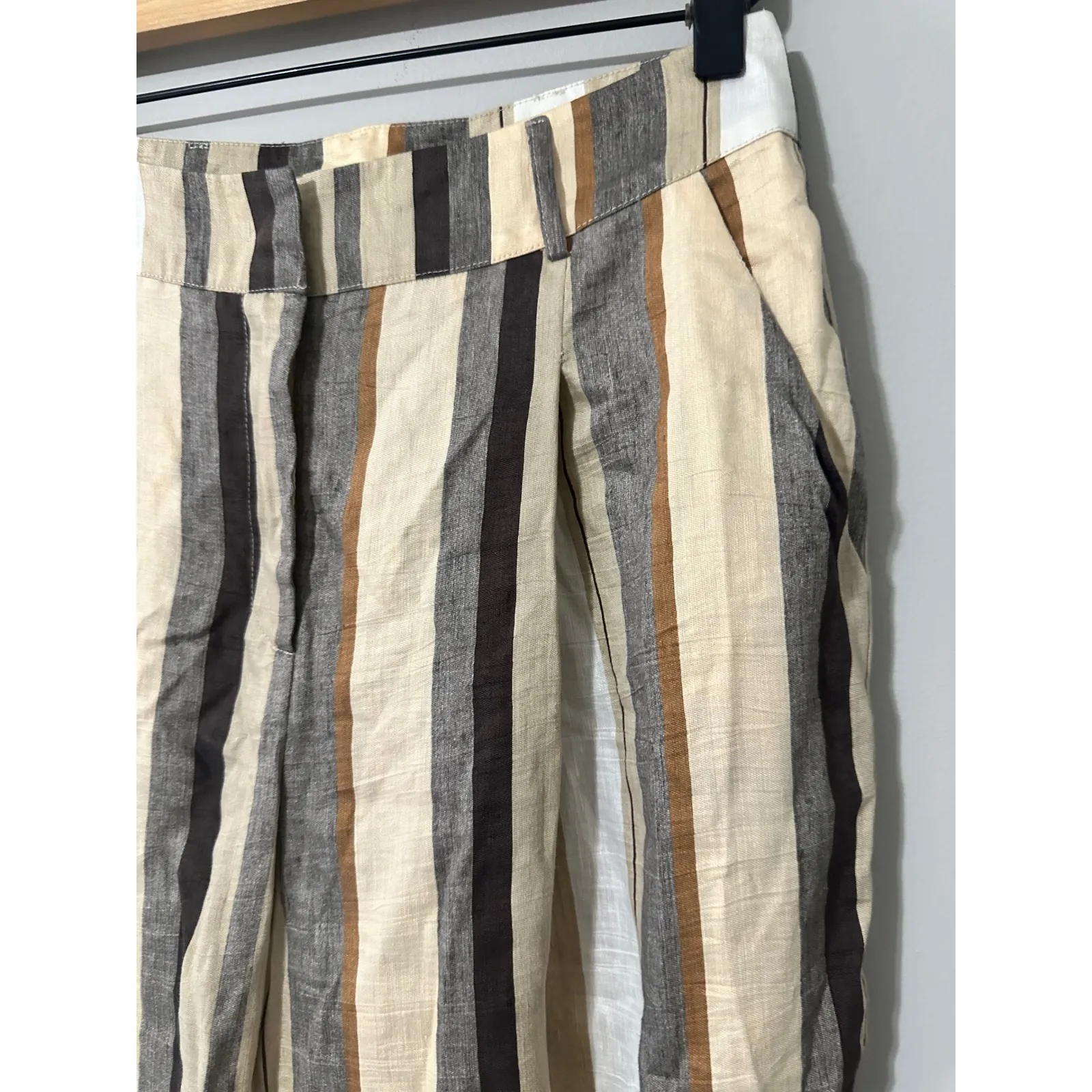 Manila Grace Striped Wide Leg Linen Blend Pants Beige Brown Women's Size 4 Tan - Image 5