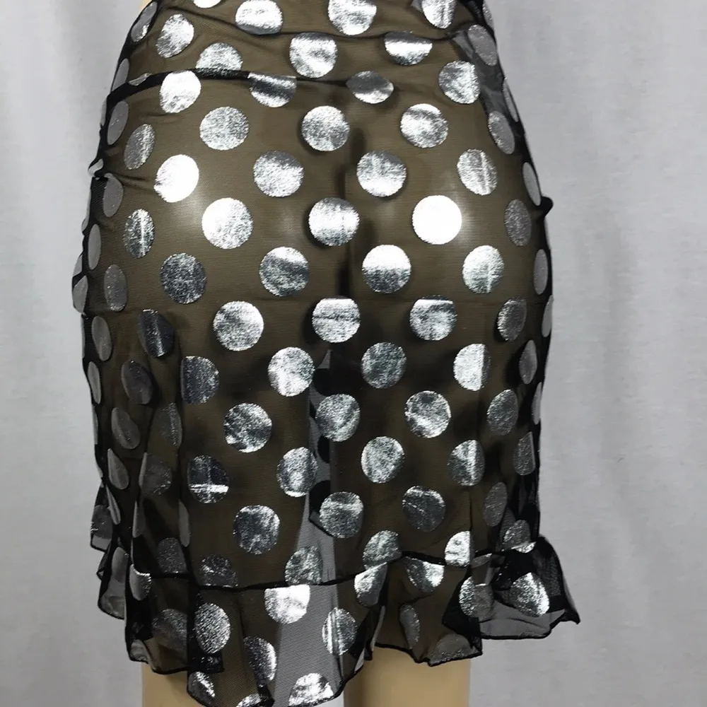 Zuliana One Size Metallic Mesh Polka Dot Ruffle Sarong. Made in USA New With Tag Black - Image 4