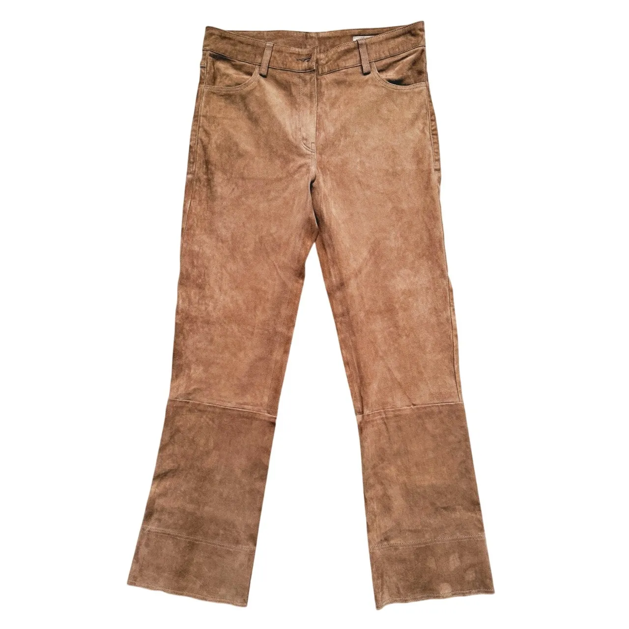 Ahram Cuir Womens Quiet Luxury Suede Leather Straight Leg Pants 30 Tan Old Money Brown - Image 3