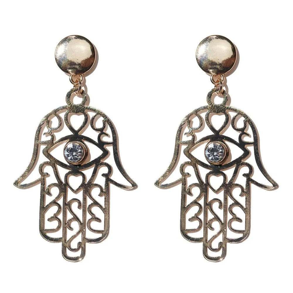 Gold Hamsa Hand Drop Earrings - Image 2