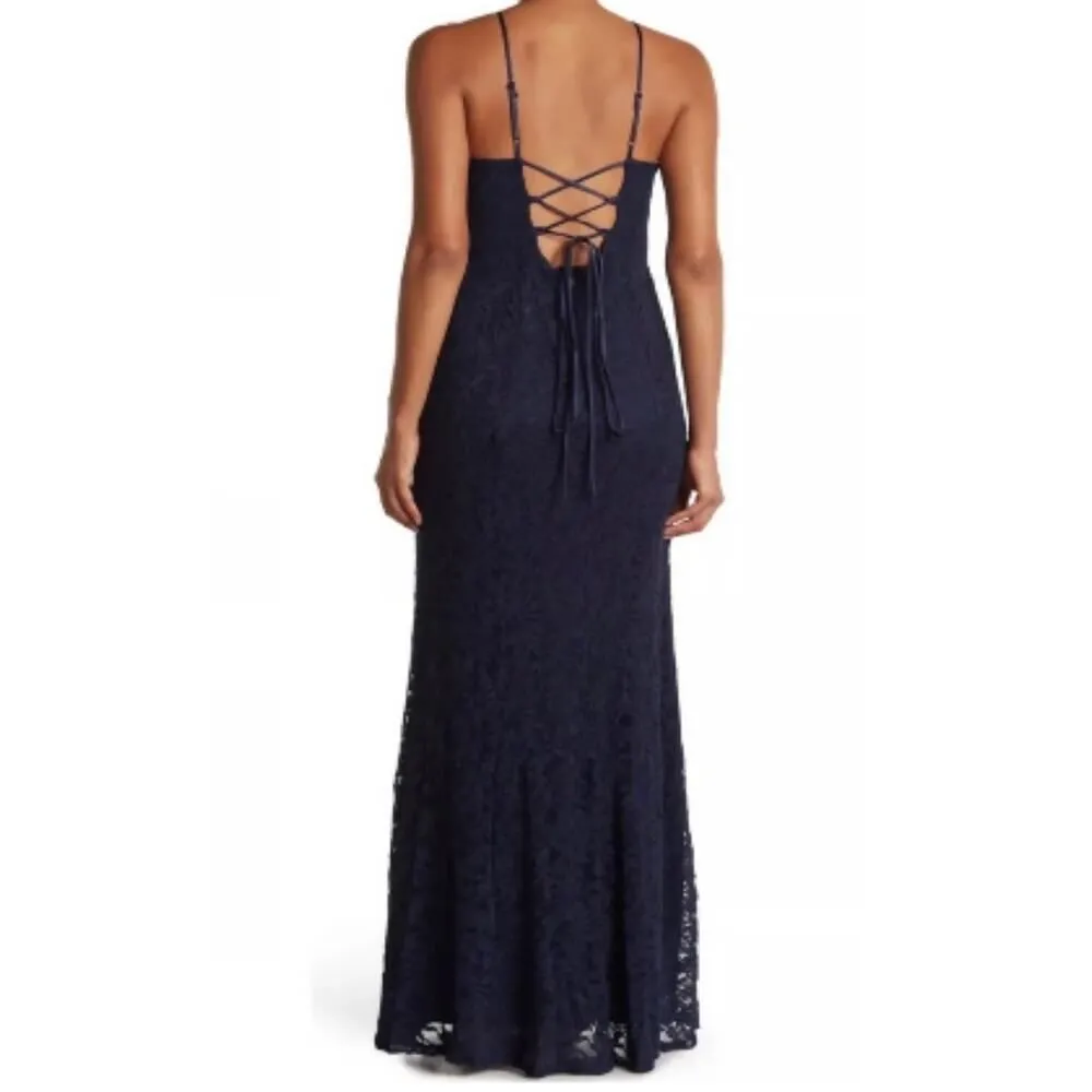 Bebe Halter Neck Lace-Up Back Lace Trumpet Gown Women's Plus 16 Navy Blue - Image 2