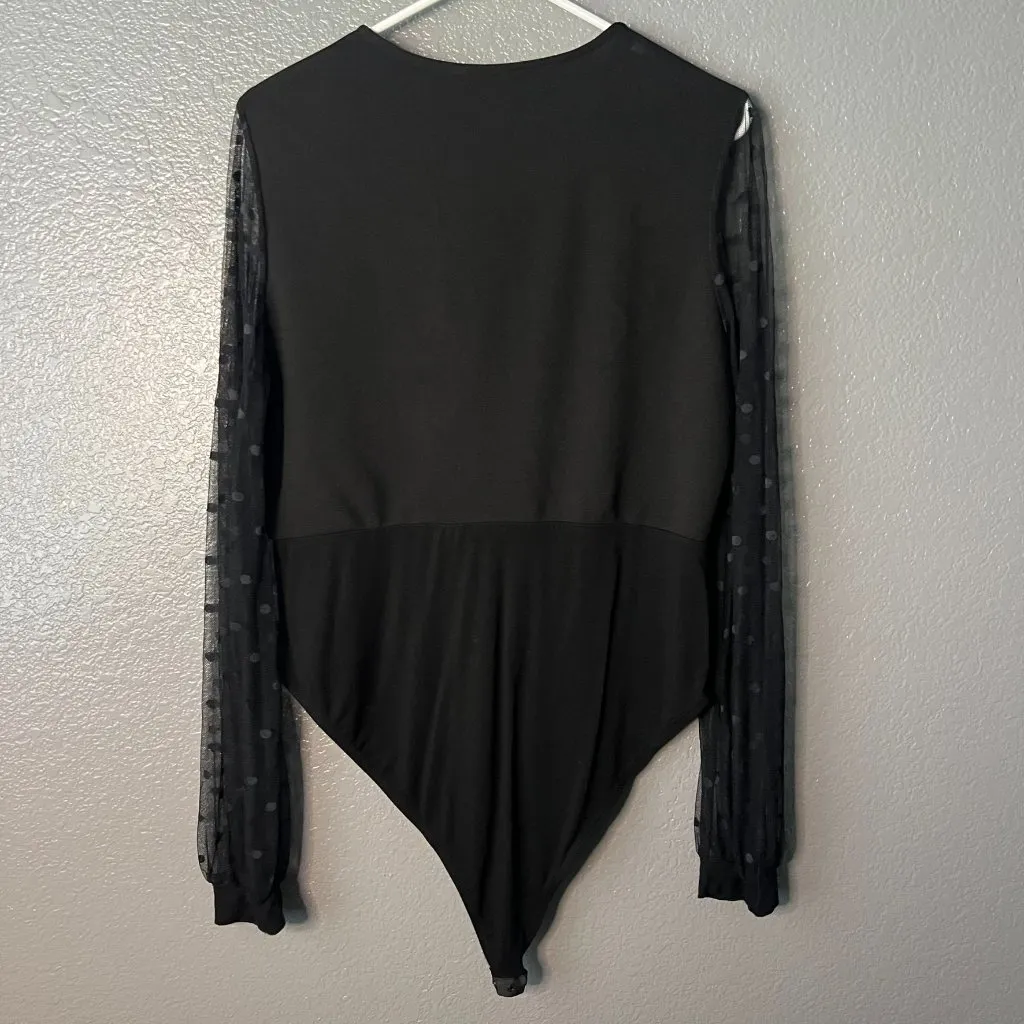 Shein Black Surplice Bodysuit with Sheer Polka Dot Sleeves - Women's XL - Image 2