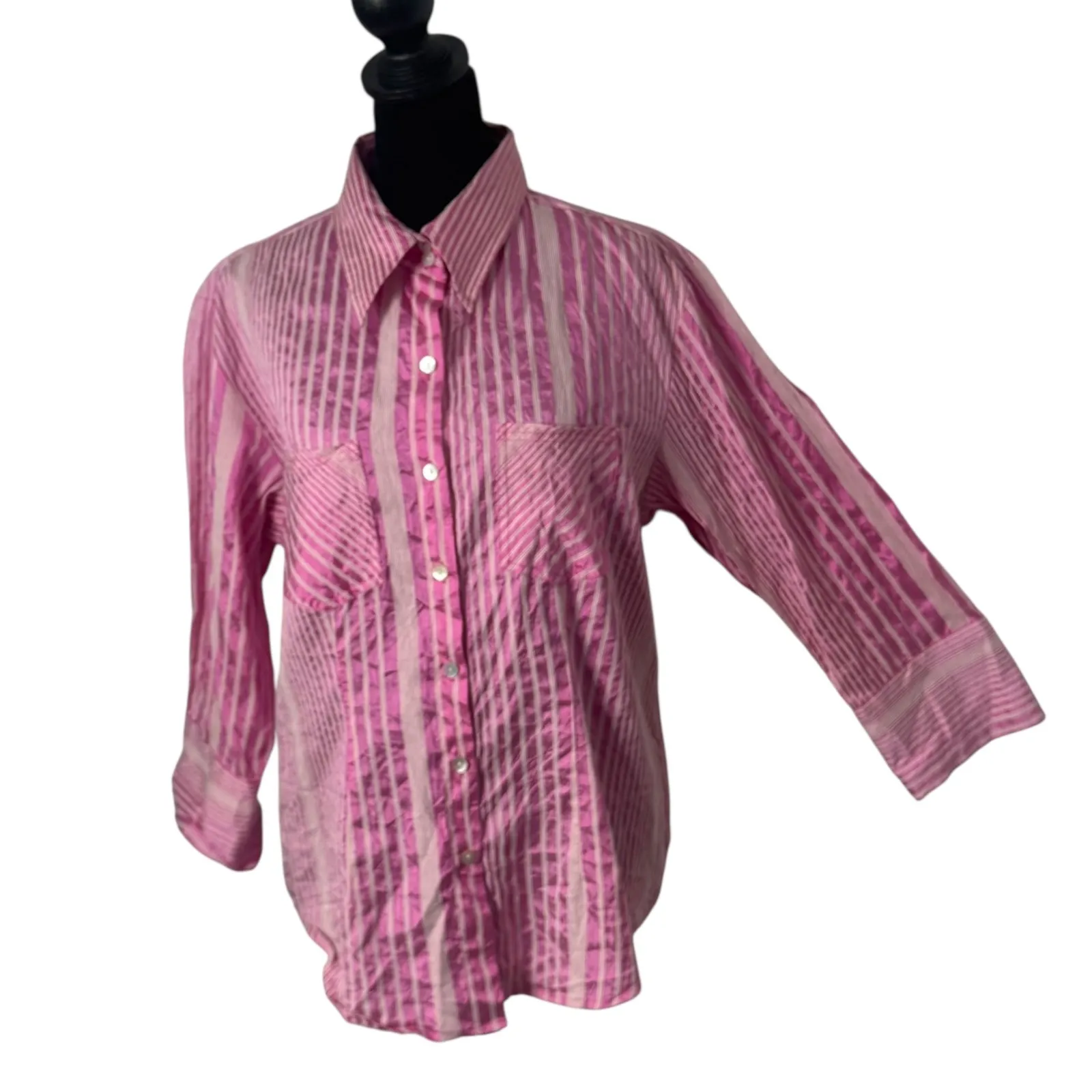 Chicos 1 Pink White Striped Button Down Top Size M Silk Blend Preppy Collared - Image 2