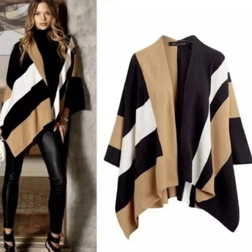 Parrish LA Geometric Knit Poncho Black Tan Camel Acrylic One Size New With Tags - Image 12