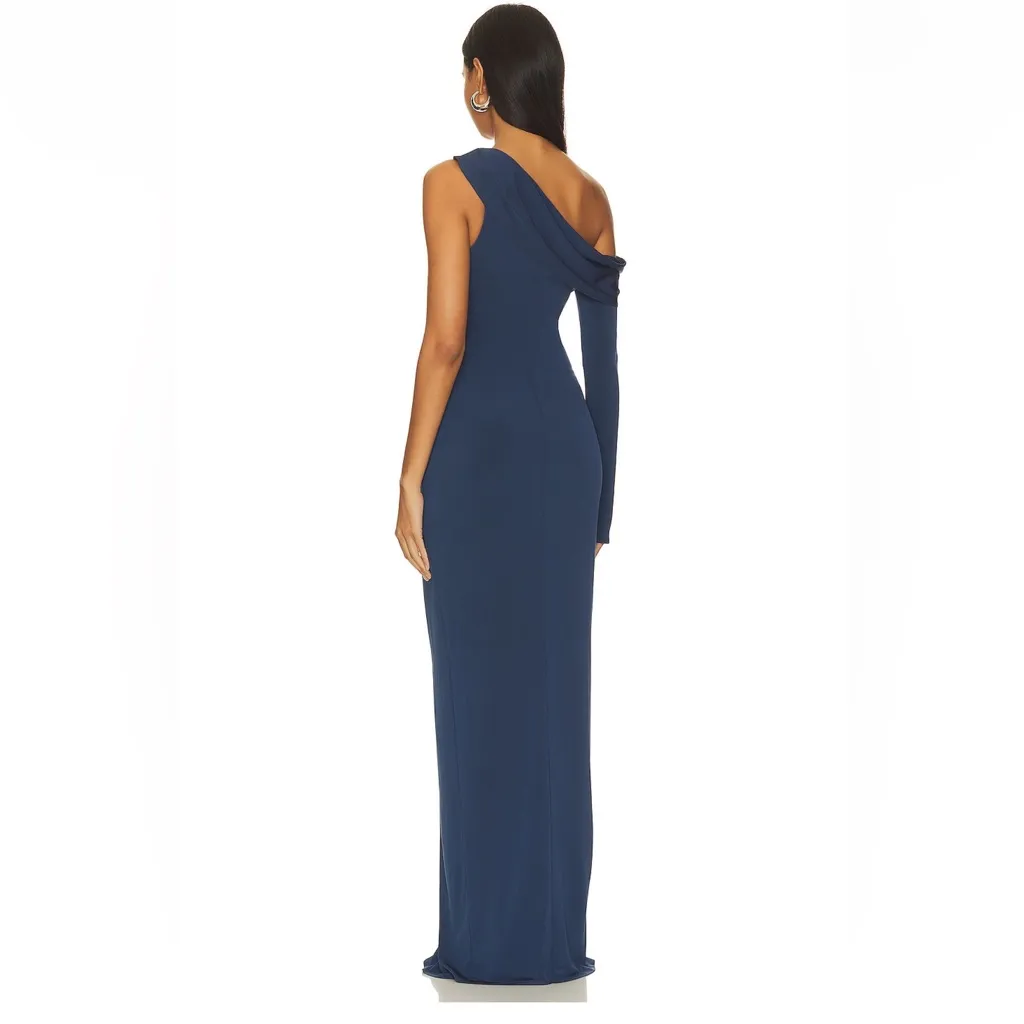 KATIE MAY Deep Sea Blue MOJAVE Single Long Sleeve HIGH SLIT Ruched GOWN XXL - Image 4