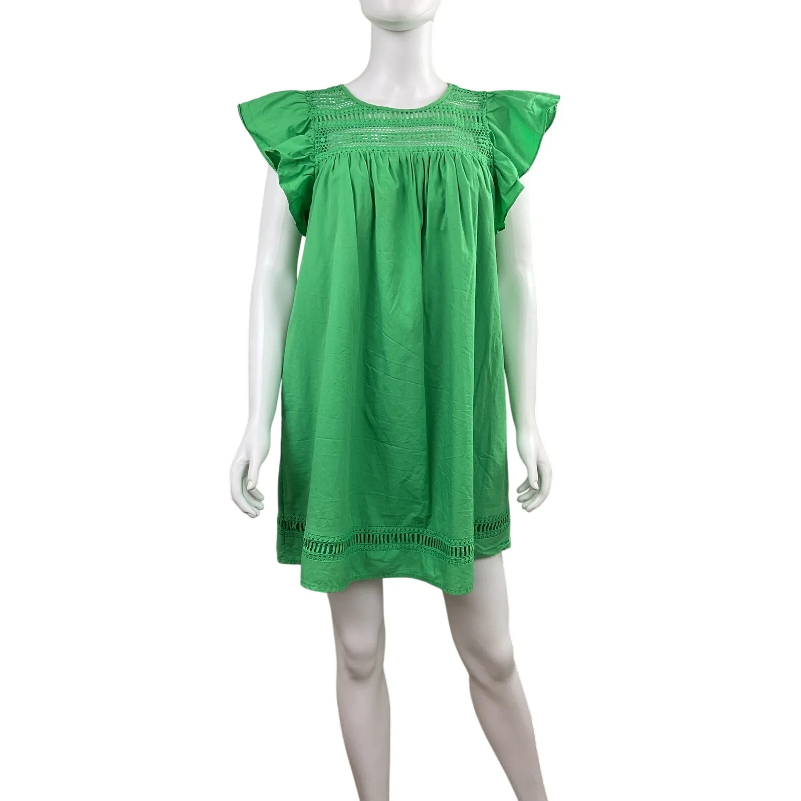 ENGLISH FACTORY Green Cotton Crochet Flutter Sleeve Mini Dress Size S - Image 2