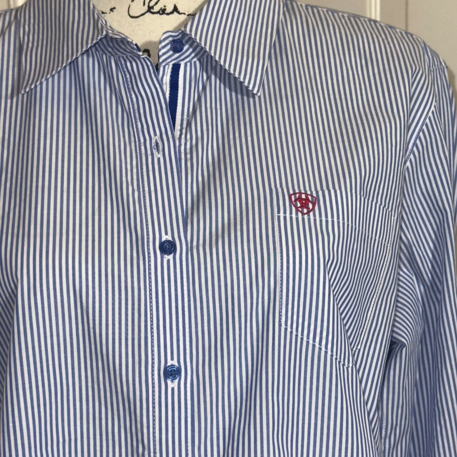 Ariat Womens Fitted Western Shirt XL‎ Blue White Striped Long Sleeve Button Down - Image 3