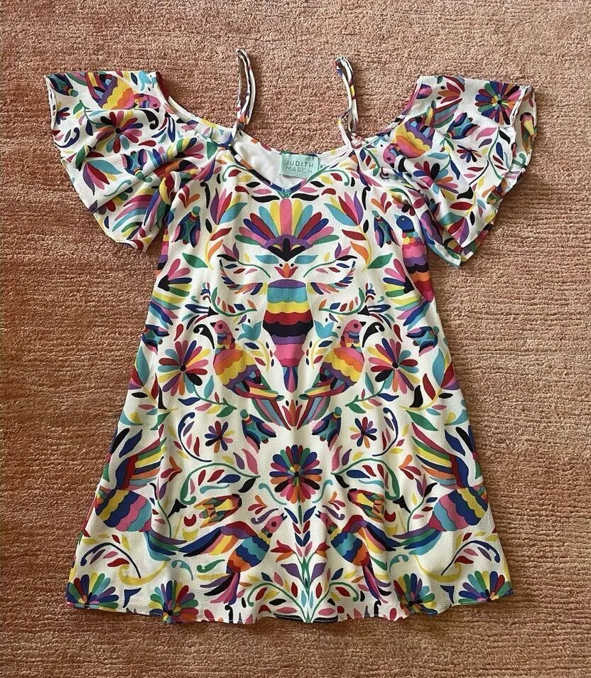 Judith March Colorful Bird Print Dress Tropical Mini Open Shoulder Lined Size S - Image 1