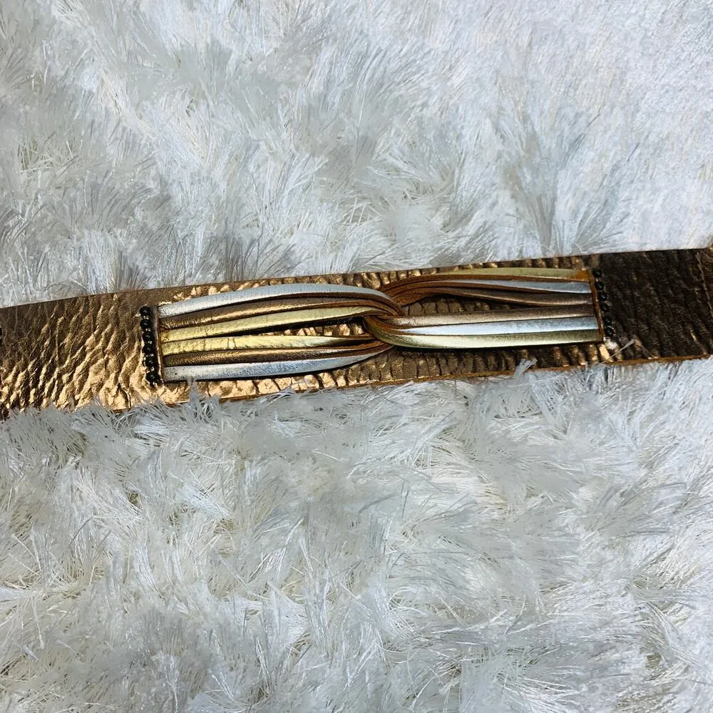 Fossil Gold Silver Wide Leather Belt Sz Medium - Image 4