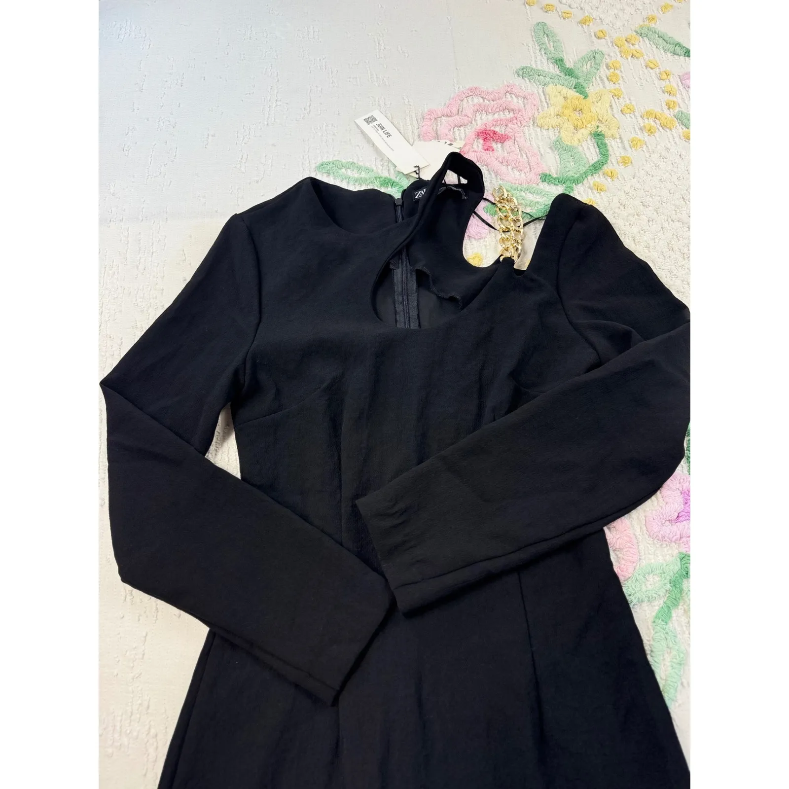 Zara Mini Dress Black Long Sleeve Cut‎ Out Gold Chain Detail Party Cocktail - Image 6