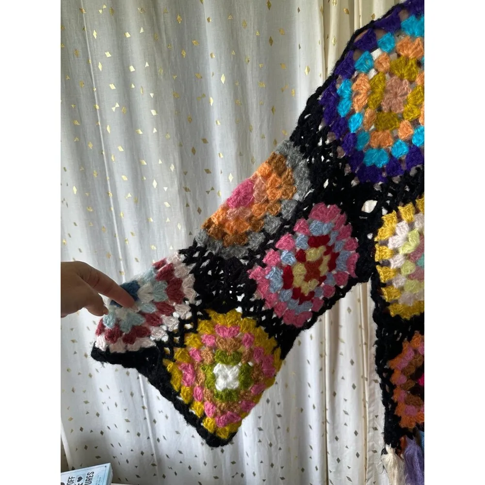Handmade Hand-Knitted Crochet Granny Square Patchwork Tassel Sweater XS/S - Image 3