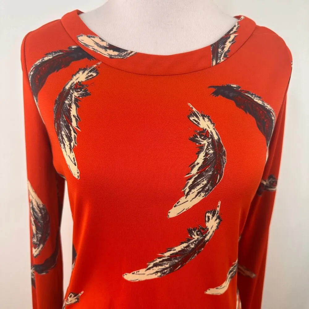 Yoana Baraschi Anthropologie Redish Orange Long Sleeve Feather Dress Size Small - Image 7