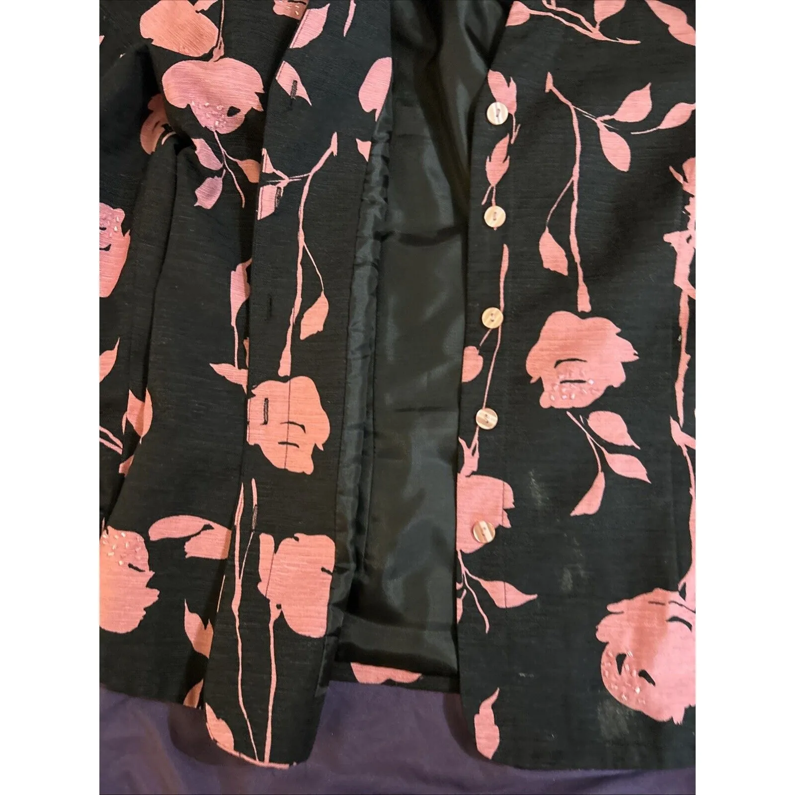 Silk land 100% Silk 3/4 Sleeve Floral w/Sequins Lined Blazer SZ Med Y2K Coquette Black - Image 3