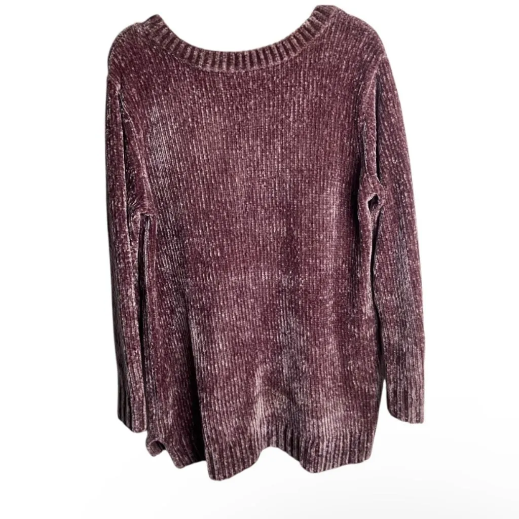 Orvis Size Xl Chenille Crushed Velvet Pullover V-Neck Sweater Mauve Pink Ribbed - Image 4