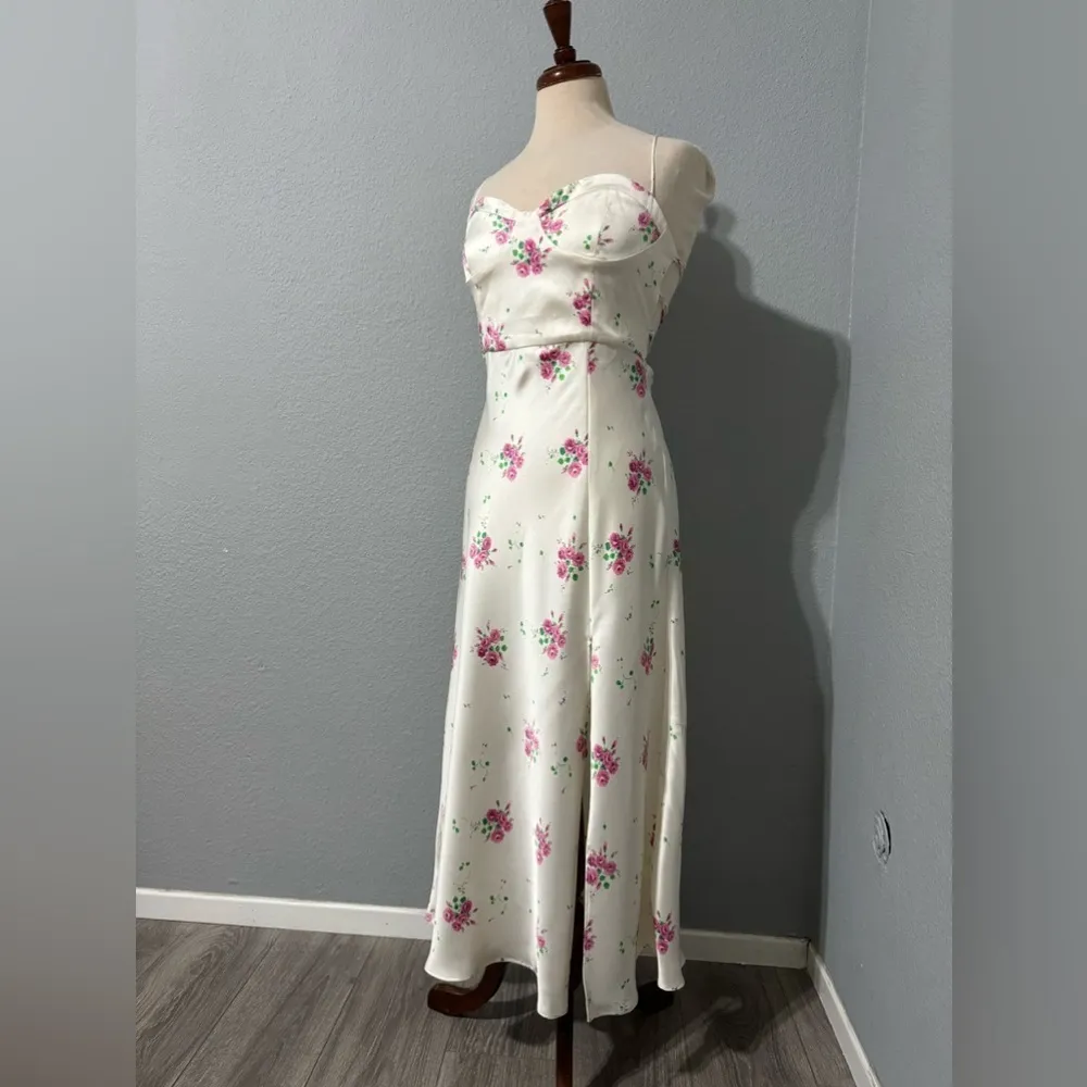 Zara Sweetheart Neckline Floral Print Satin Effect MIDI Dress Cross Back Sz L - Image 11