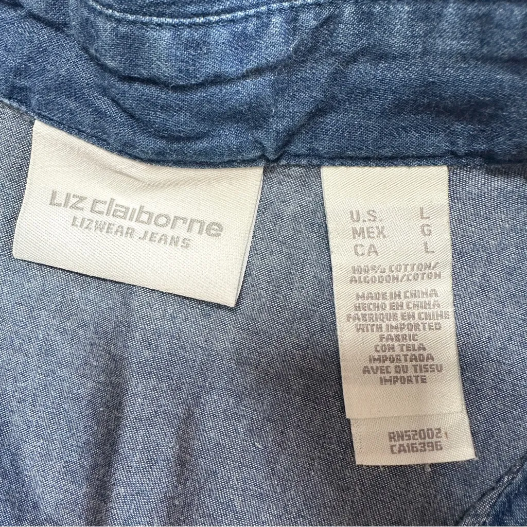 Liz Claiborne Women’s Vintage Denim Button Up Shirt Longsleeve Pintuck Pleated L - Image 9