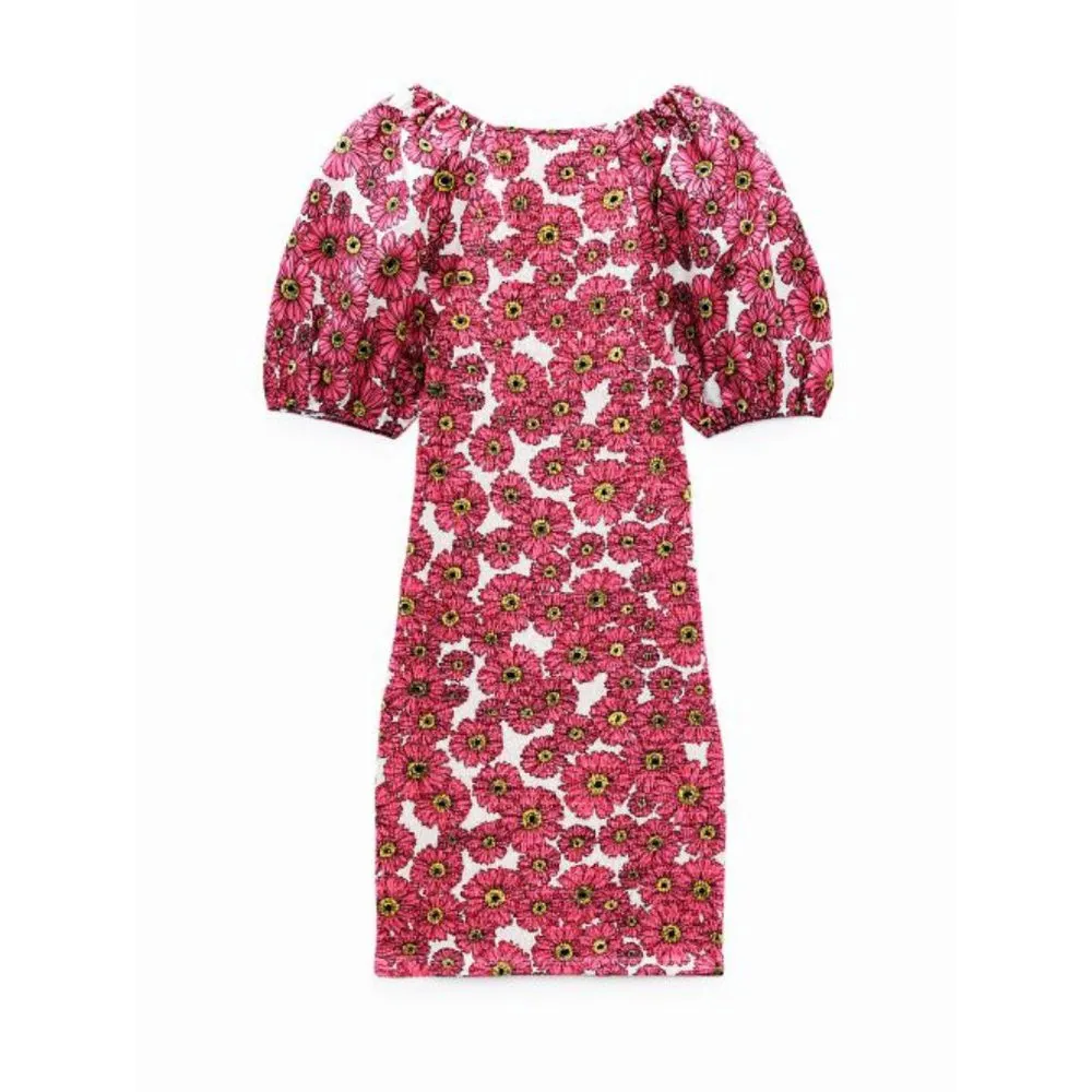 Floral Balloon Sleeve Dress Smocked Puff Princess Pink Sweetheart Bust Mini - Image 10