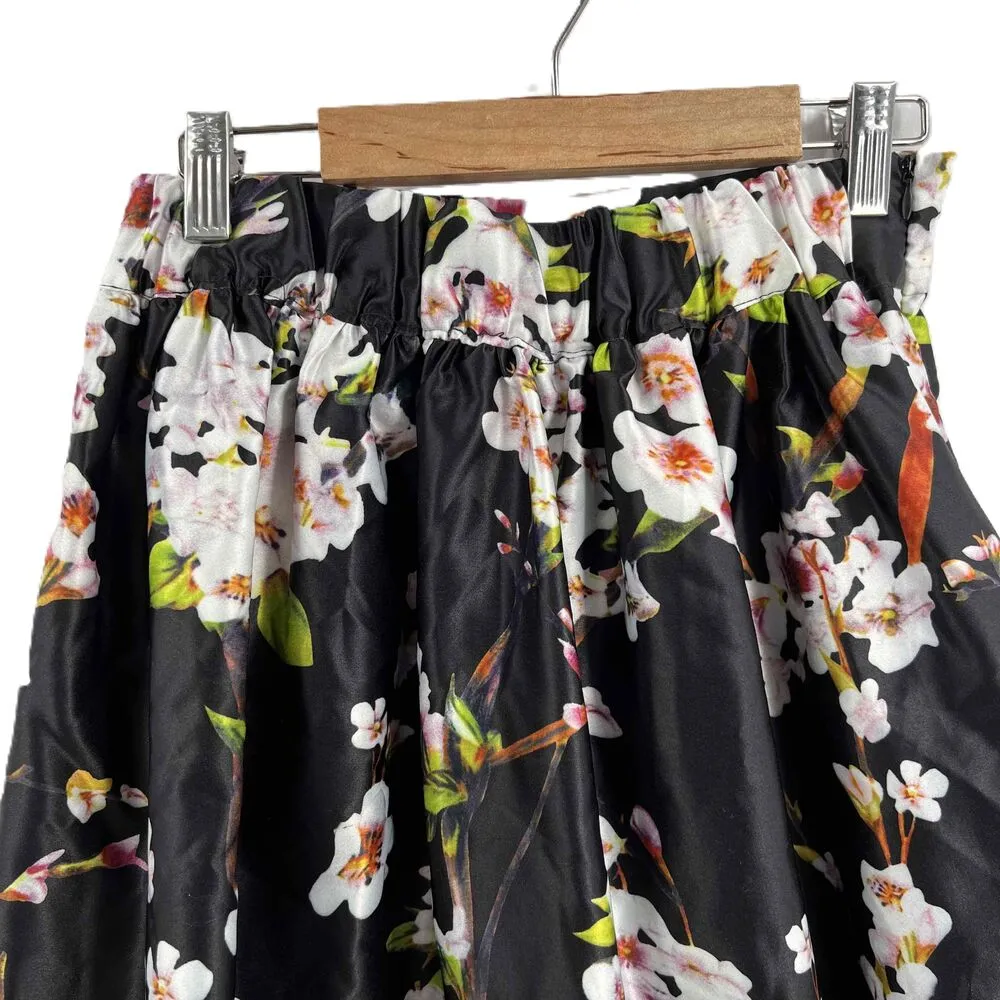 Choie Black Floral Print Satin A-Line Skirt Elastic Waist Lined Estimated Small - Image 2