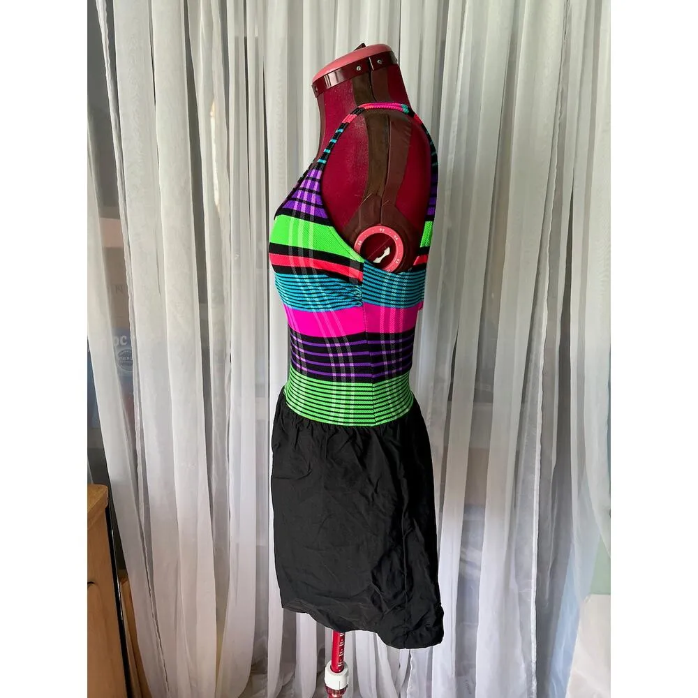 swimsuit one piece striped Vintage 1990s shorts hot pink blue green Size 12 - Image 6
