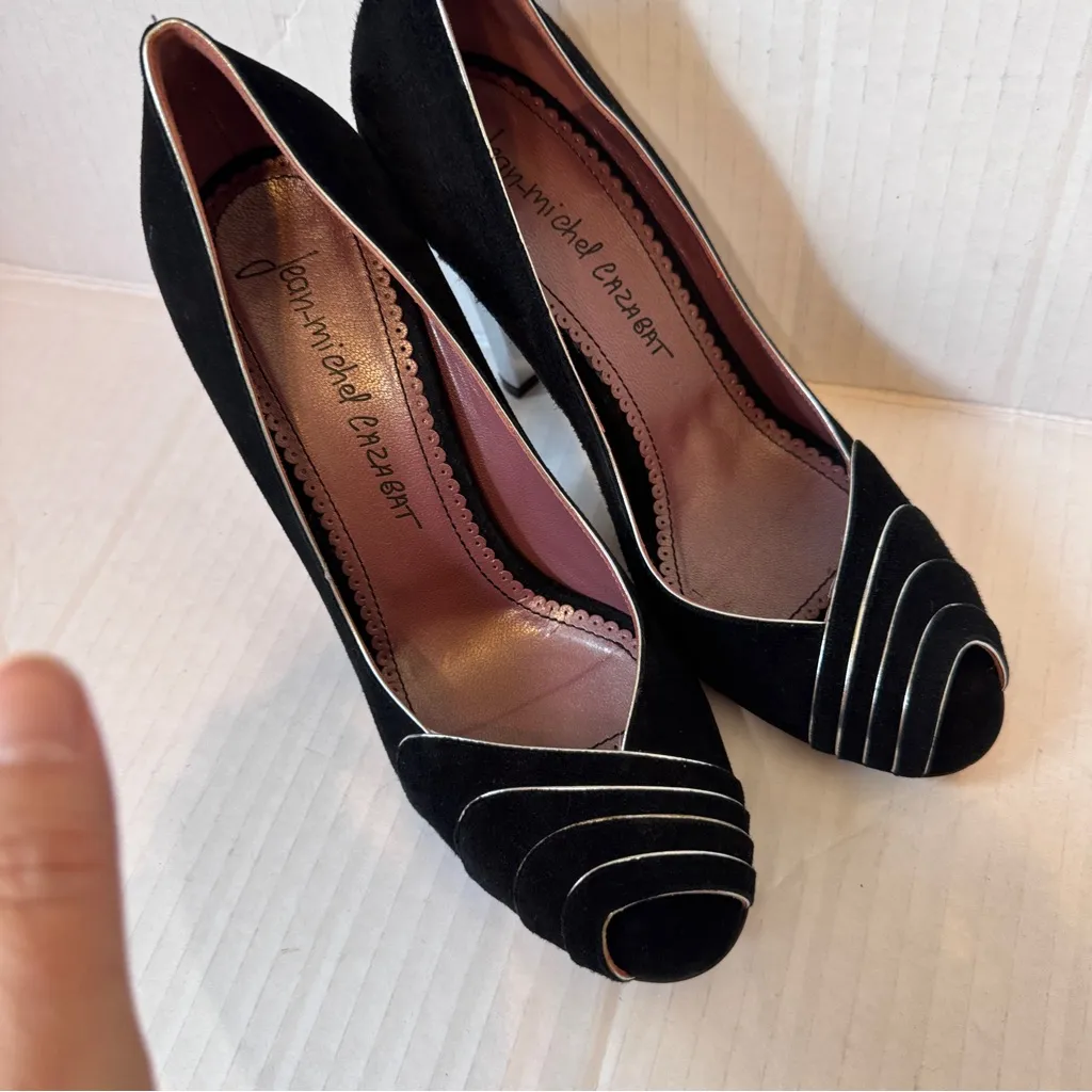 Jean Michel Cazabat Black Suede Heels Women’s 6.5 Silver Stilettos Peep Toe - Image 6
