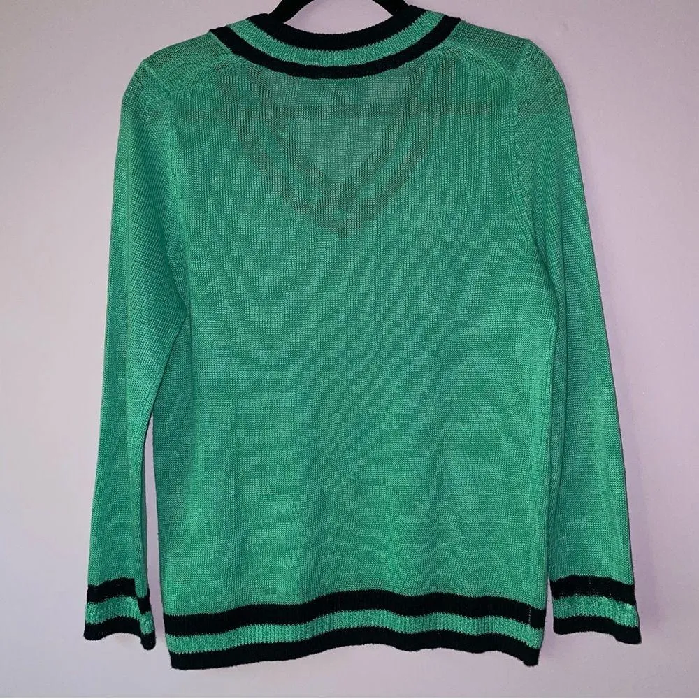 Talbots Size MP Linen Knit Green V-Neck Sweater with Navy Trim Academia Preppy - Image 7