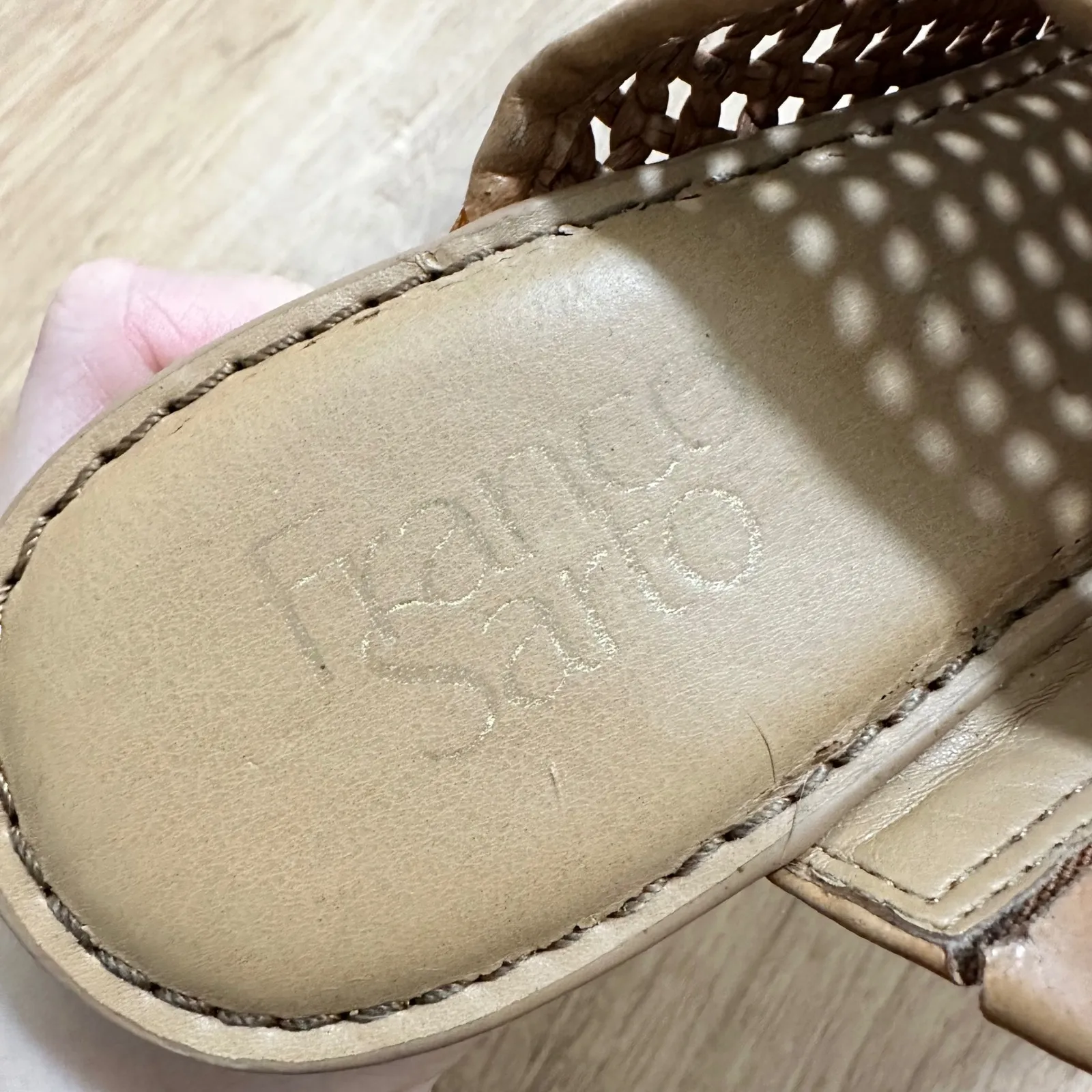 FRANCO SARTO | Yvette Brown Leather Woven Peep Toe Stacked Mule Wedge Heel, 10M - Image 8