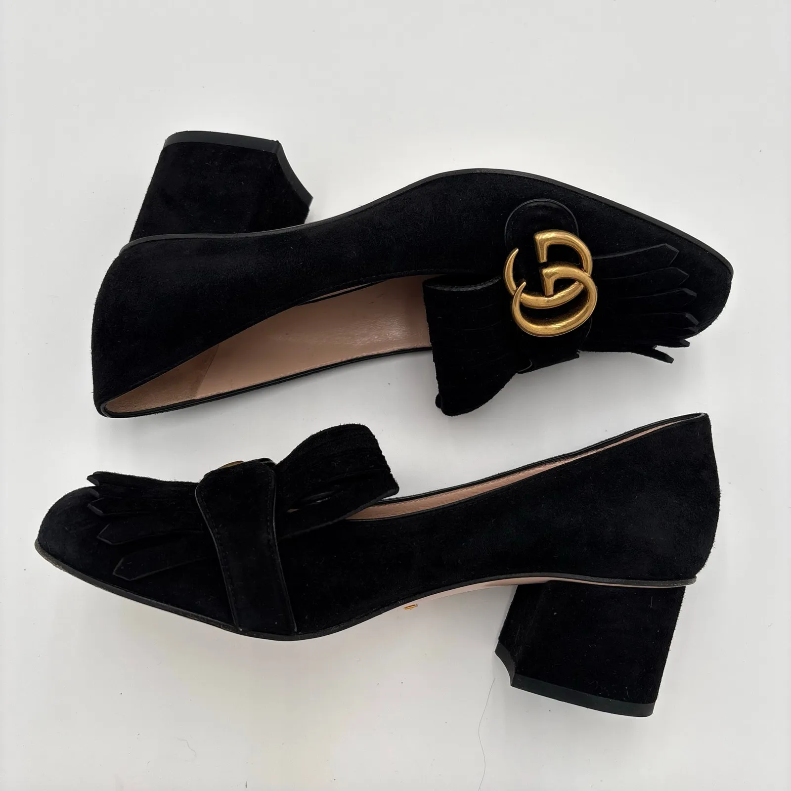 Gucci Marmont GG Fringe Kiltie Block Mid Heel Loafer Pumps Black Suede Size 37 - Image 11