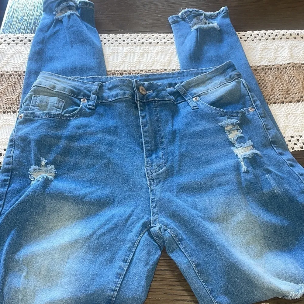 💕 Ripped Holes Y2k Streetwear Skinny Frayed Hem High Waist Denim Jeans Blue Size 29 - Image 9