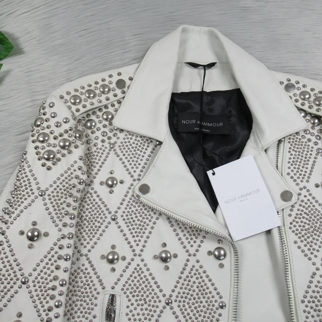 NOUR HAMMOUR White Studded Lambskin Leather Moto Jacket Women's 42 US Size 10 - Image 7