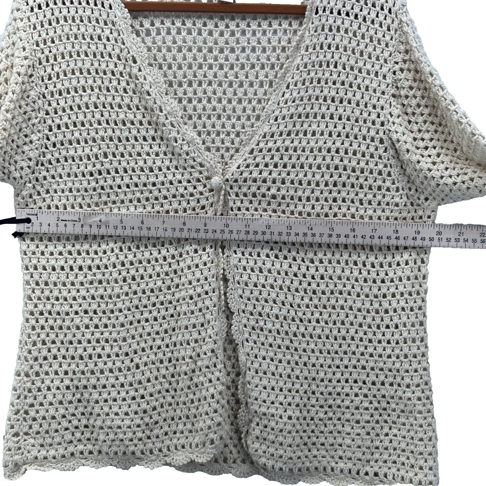 Vintage Crocheted Linen Cardigan Open Knit Travel Vacation Coverup Beach Sea‎ Yellow Size 1X - Image 11