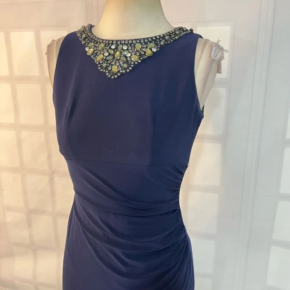 Eliza J Jeweled Neckline Sleeveless Side Ruched Navy-Blue Long Gown Size 4 - Image 2