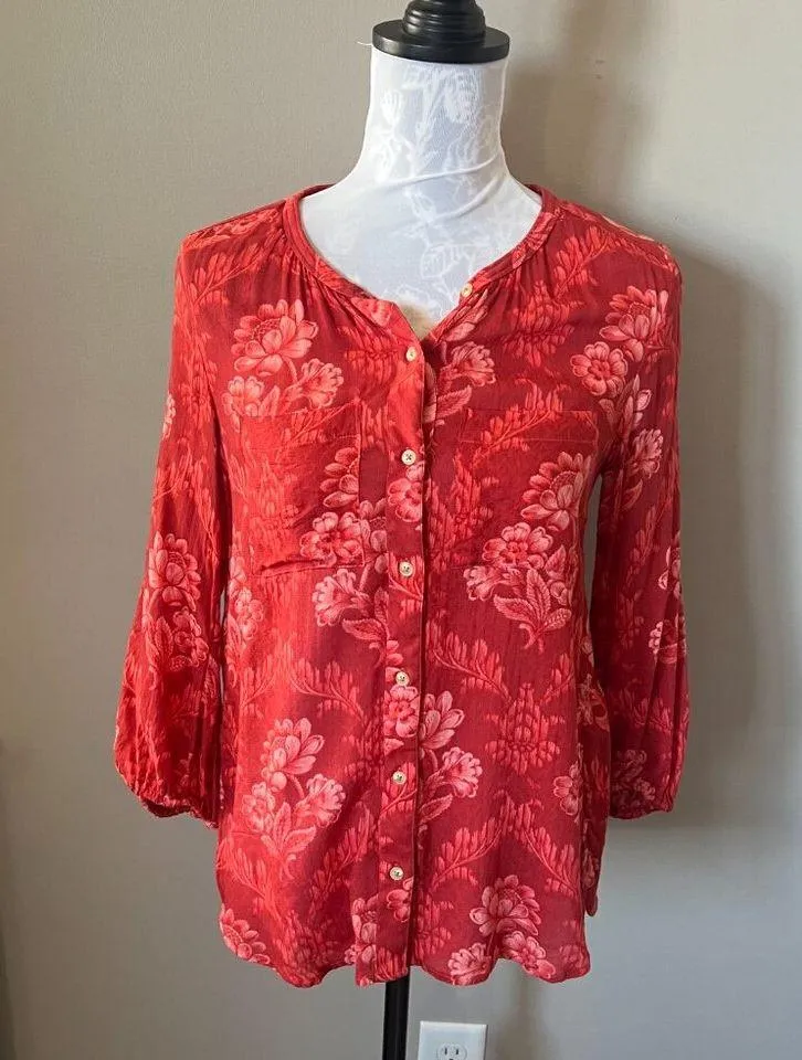 Anthropologie Akemi and Kin Floral Red Long Sleeve Shirt Top Blouse Xsmall - Image 4