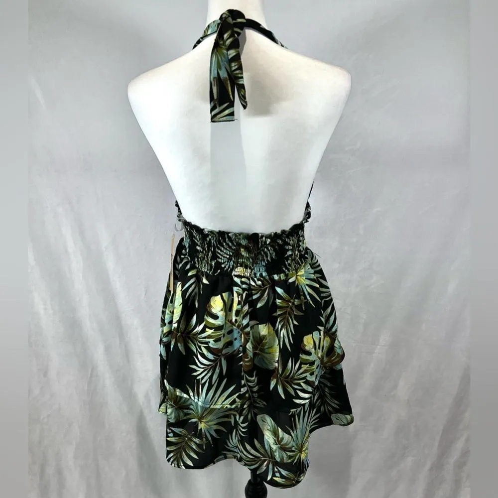 Madden NYC black tropical print tiered smocked halter dress size medium NWT - Image 5