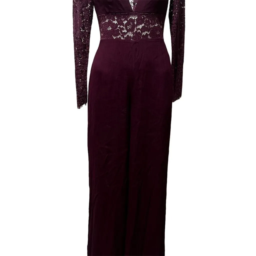 Lovers + Friends Justine Burgundy Wide Leg Jumpsuit Lace Sleeves Size XS - Image 8