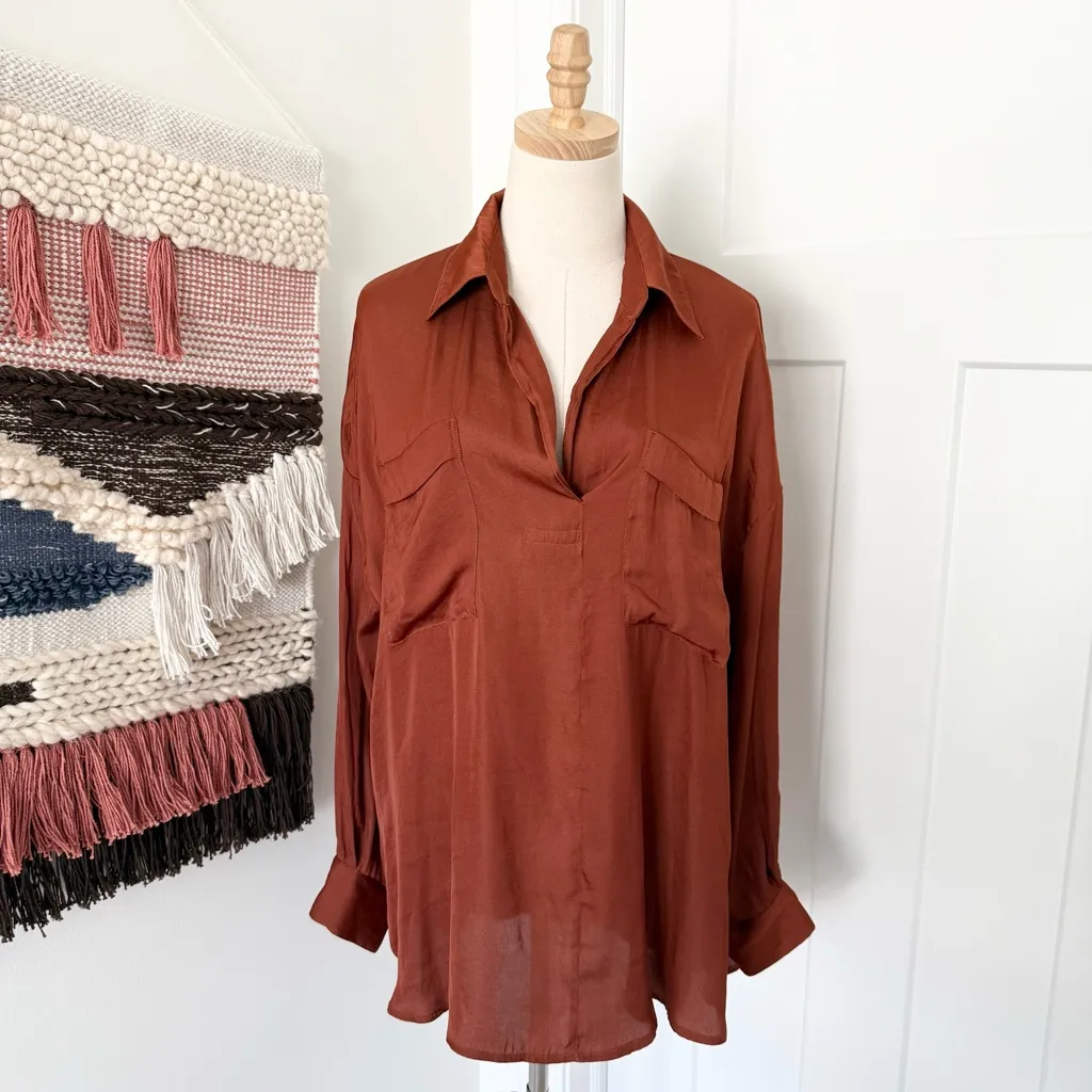 Free People Starry Dreams Satin Shirt Brown Sz M NWT - Image 2
