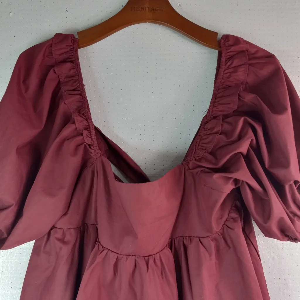 EnSaison L Babydoll Elegant Burgundy Puff Sleeve Tie Back Crop Top Red Size L - Image 4