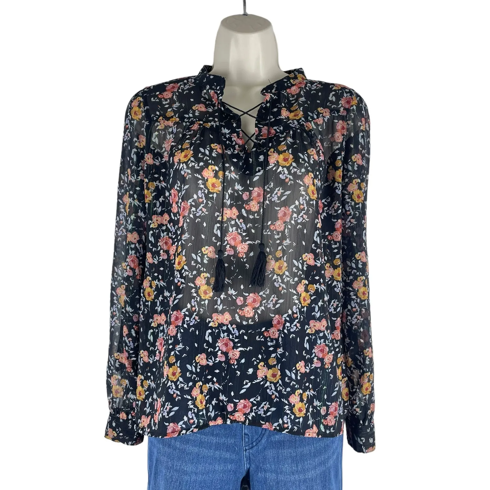 Xhilaration Floral Lace Up Sheer Top Blouse Black Size XS - Image 3