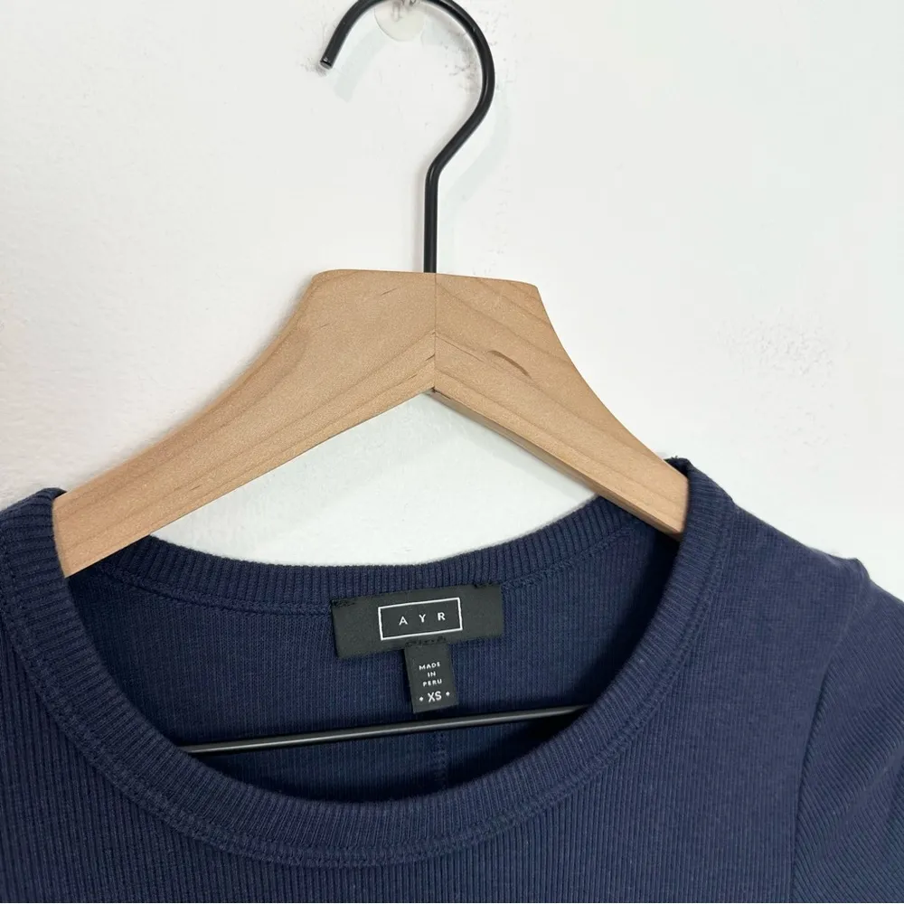 AYR The Moderne Ribbed Jersey Knit Side Slit Midi Dress Short Sleeve Navy XS - Image 5