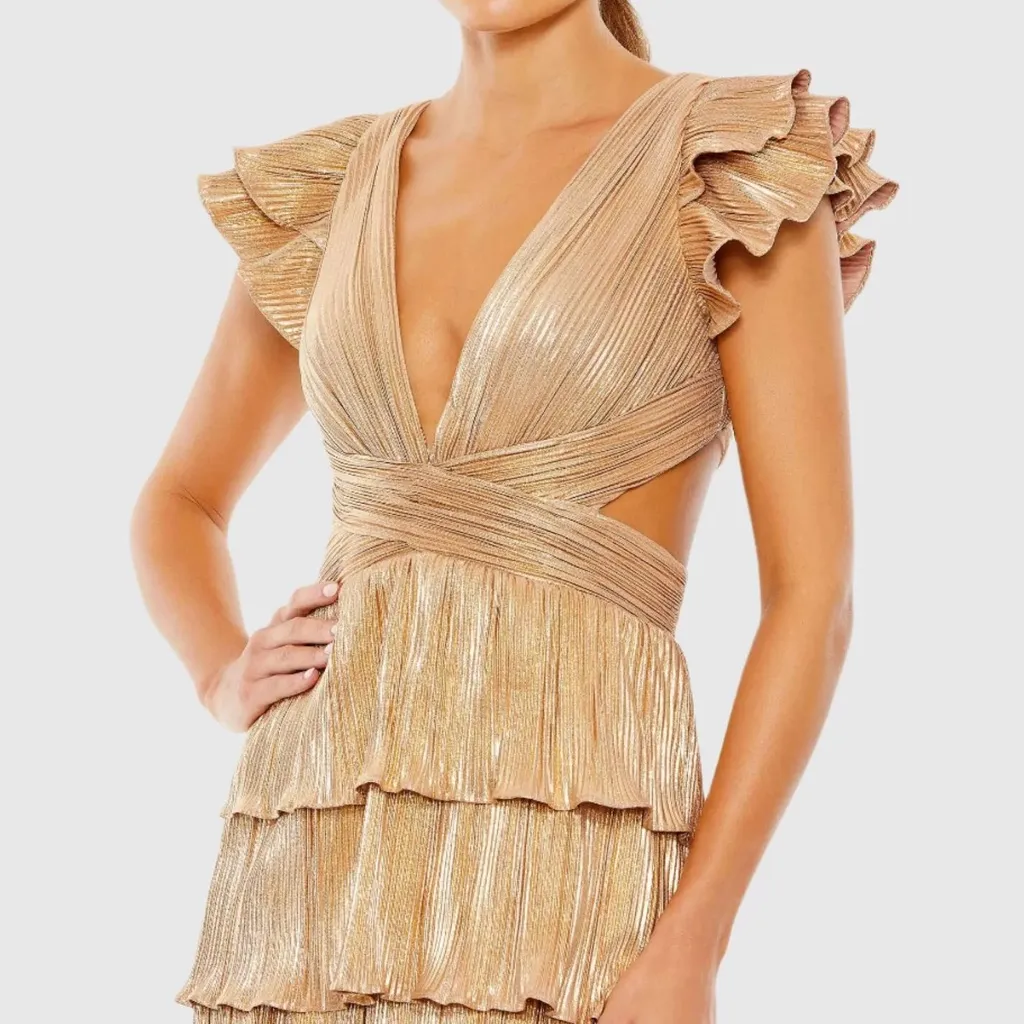 Mac Duggal 26740 Gold Ruffle Tiered Criss Cross Lace Up Gown Dress - Image 4