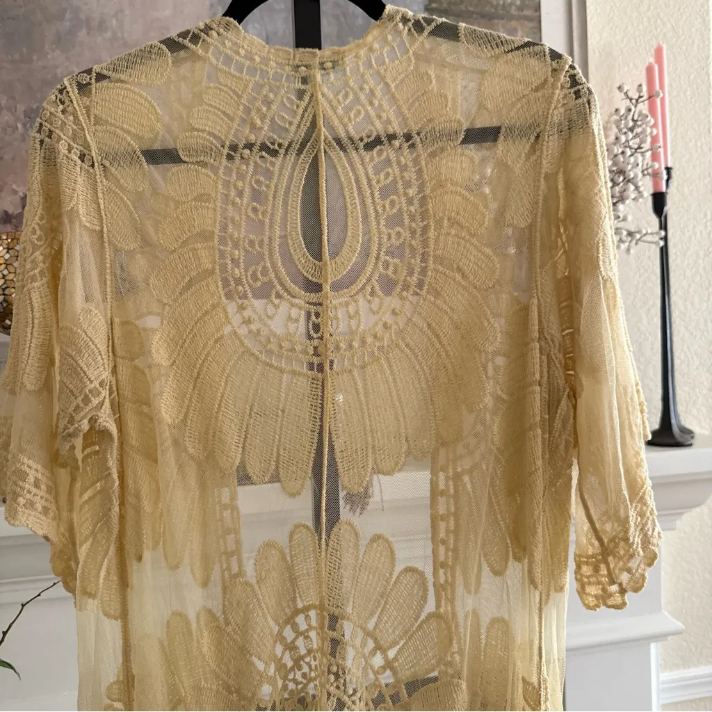 Boho Kimono Festival Duster Sheer Embroidered Lace Cardigan Layering Medium - Image 11
