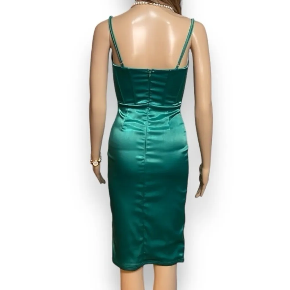 Satin Corset Bodycon Midi Dress Green Sleeveless Women's Size XS (0 - Image 3