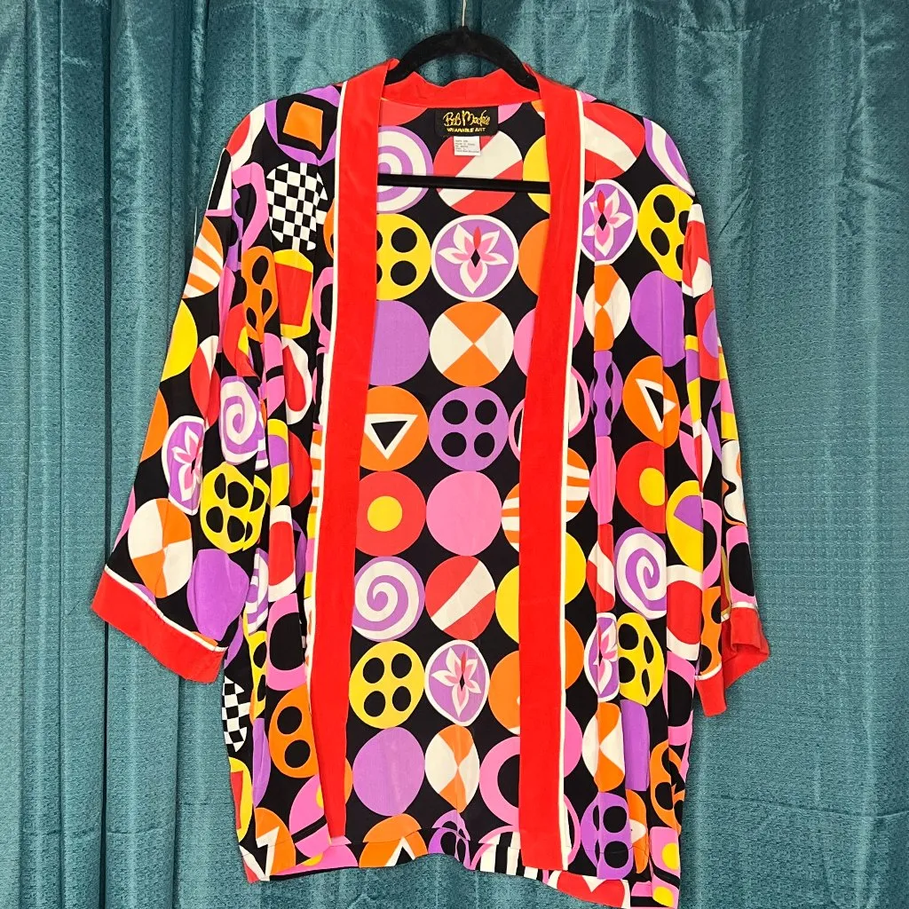 Bob Mackie Vintage Wearable Art 100% Silk Kimono Mod 70 Bright Geometric Retro L - Image 2