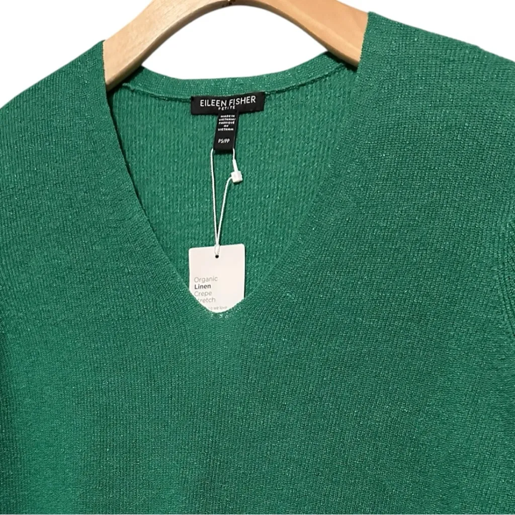 Eileen Fisher NWT Women’s S P Jade Green Linen Blend Ribbed V-Neck Tunic Sweater - Image 2