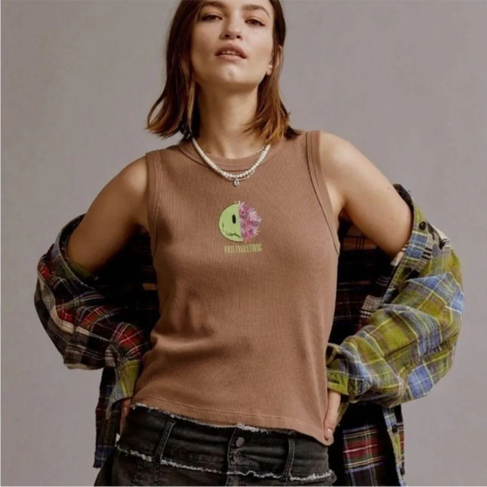 Daydreamer Anti Everything Graphic Y2K Floral Shrunken Ribbed Tank Top NWT - Image 2