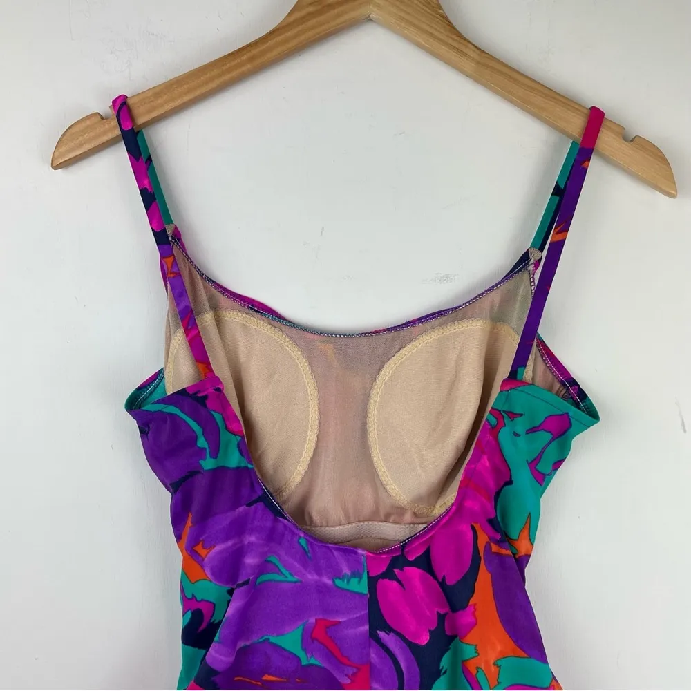 Vtg Y2K Abstract Swim One Piece Sz 16 High Cut Neon Floral Print Ruched Pink - Image 7
