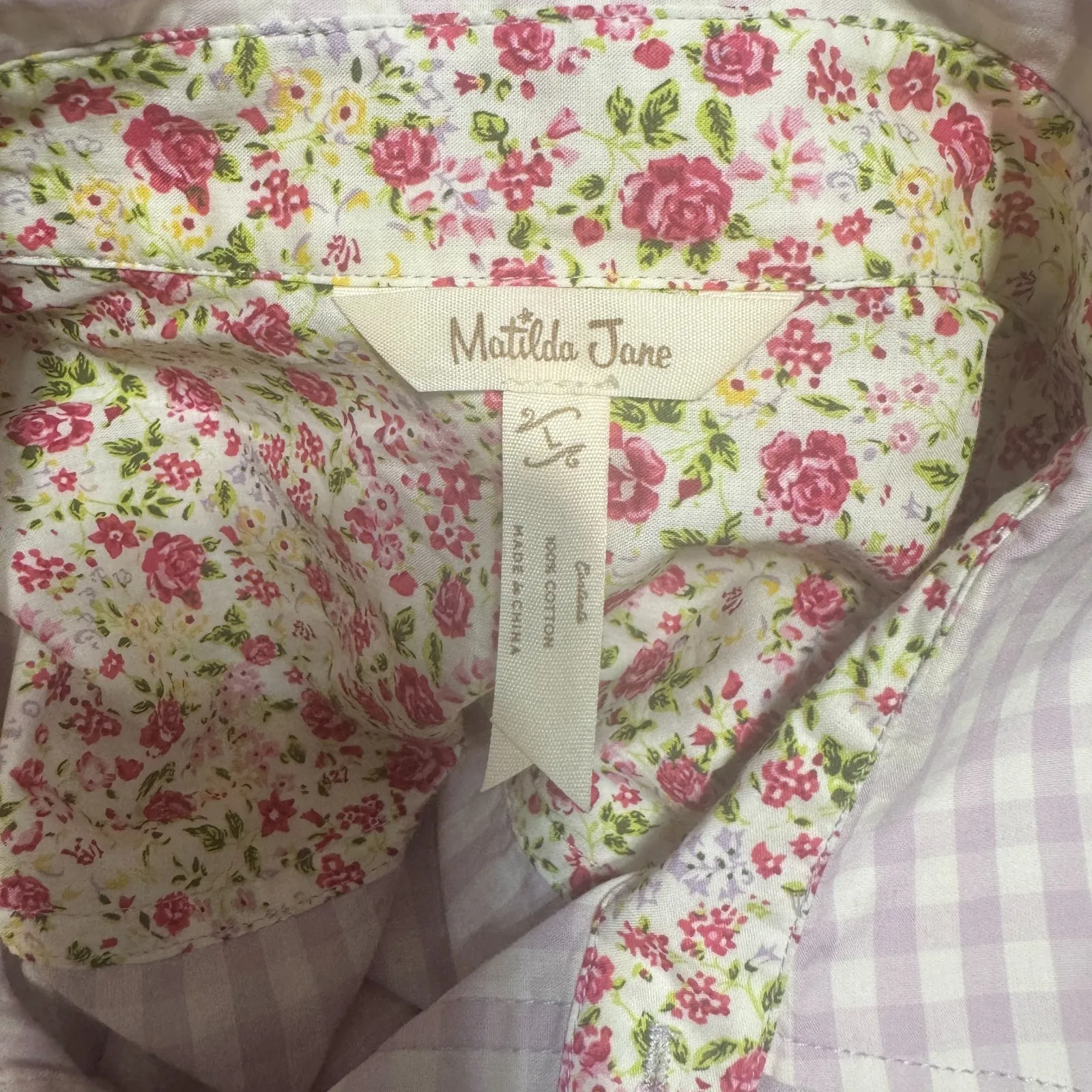 Matilda Jane Shirt Button Up sz L Purple Gingham Preppy Spring Pastel Cotton top - Image 5
