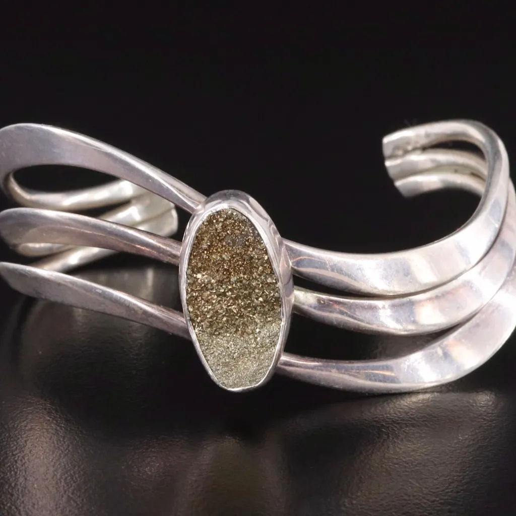 925 STERLING SILVER BANGLE CUFF BRACELET WITH GOLD DRUZY QUARTZ - Image 2