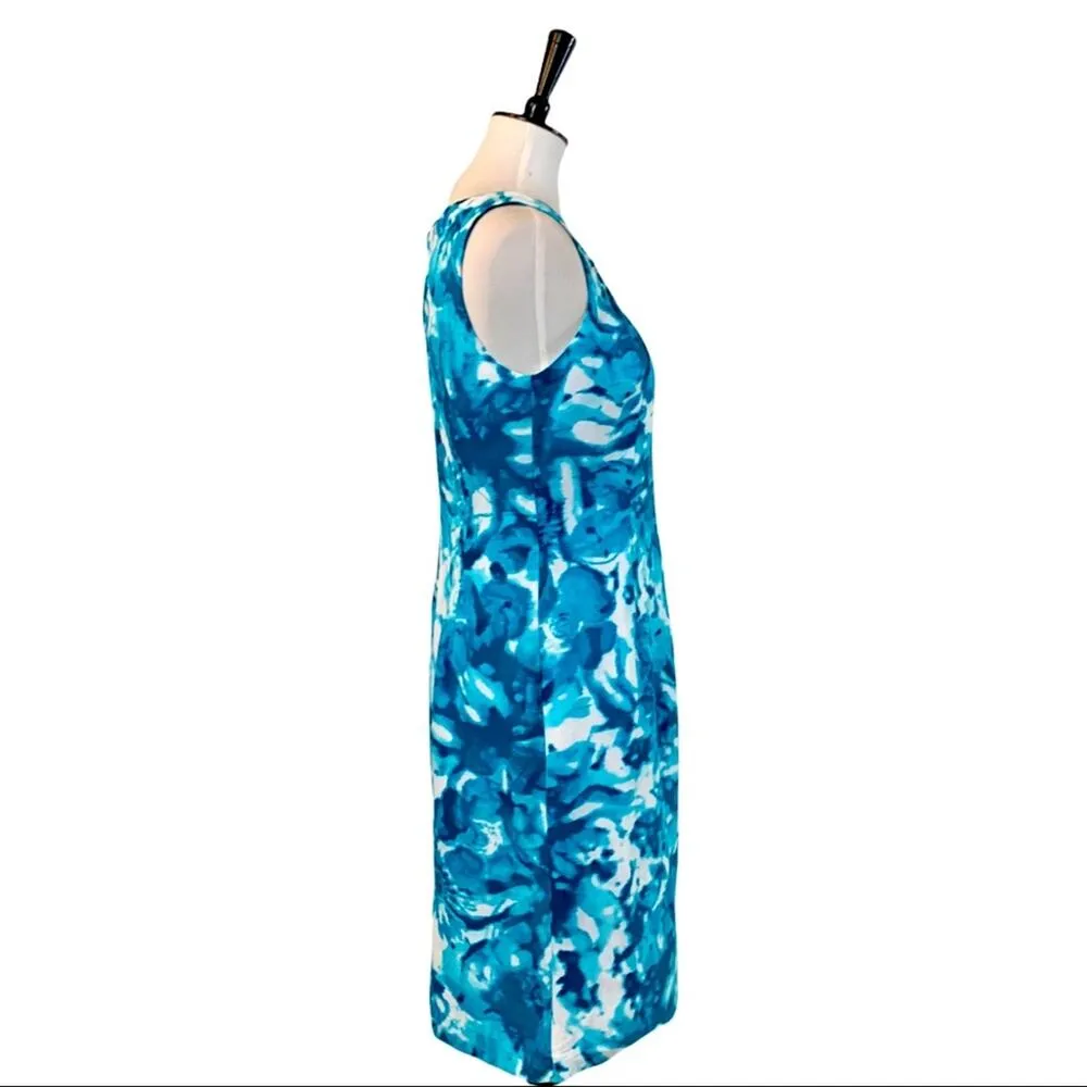 Calvin Klein Linen Sheath Dress Teal White Abstract Print Women's Size 6 - Image 3
