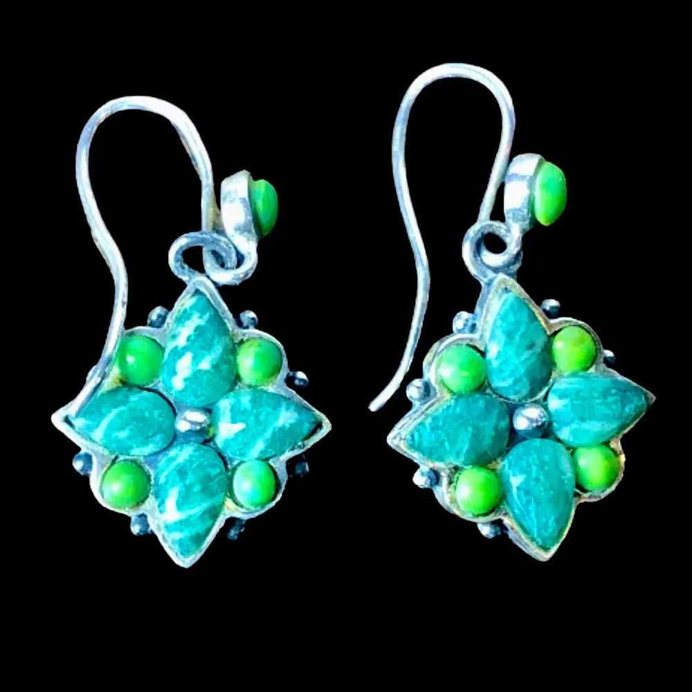 VINTAGE BARSE Green Turquoise Malachite Sterling Silver Floral Drop Earrings - Image 2